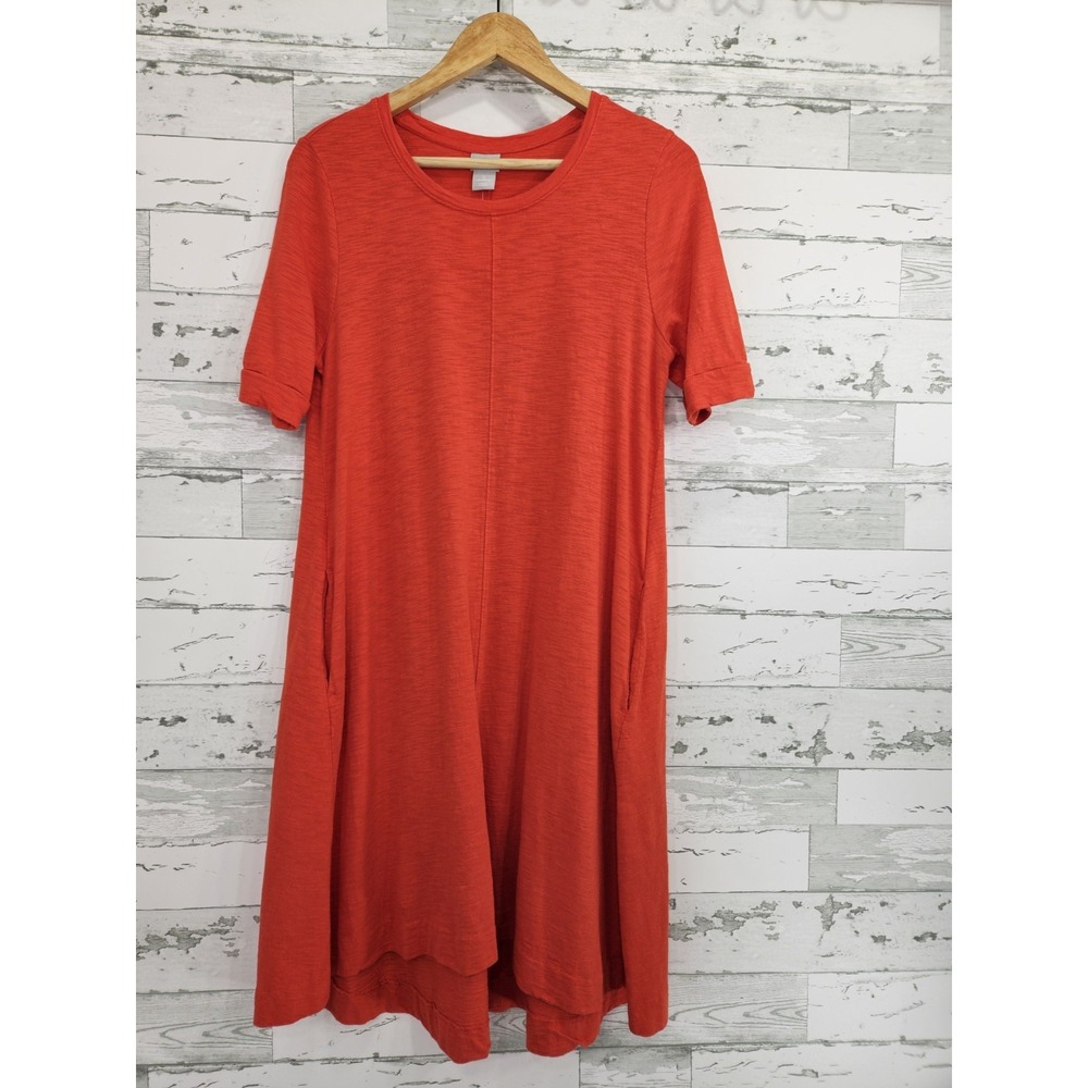Chico's Women's Small‎ Coral Orange Cotton Slub Short Sleeve Dress Pockets